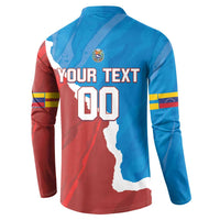 Blue and red button-up baseball sweatshirt, back print "YOUR TEXT" and "00".