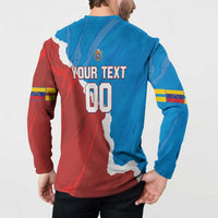 Blue and red button-up baseball sweatshirt, back print "YOUR TEXT" and "00" with crest.