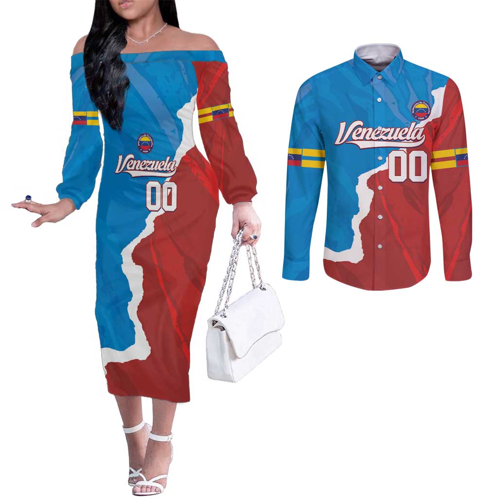 Custom Baseball Venezuela Couples Matching Off The Shoulder Long Sleeve Dress and Long Sleeve Button Shirt Go Champions Grunge Style