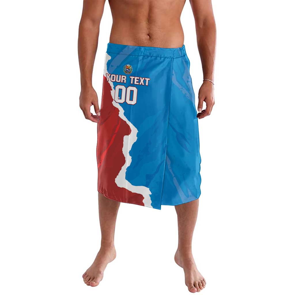 Blue custom board shorts with grunge Venezuela map graphic and number print