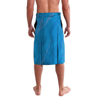 Blue board shorts with drawstring waist and stitched side panels, no visible graphic