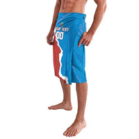 Blue board shorts with grunge Venezuela map graphic, text and number on front