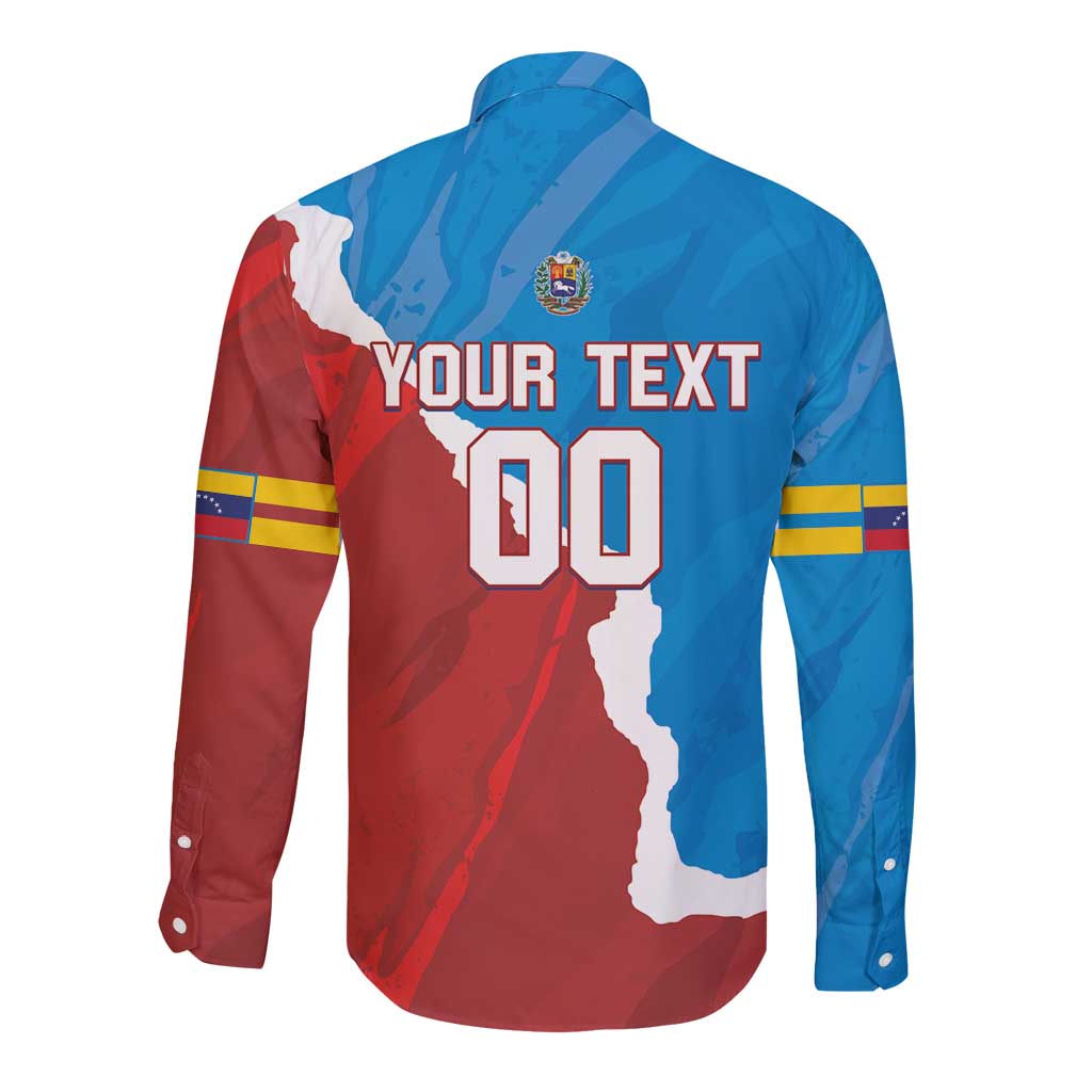 Unisex long-sleeve button shirt back, Venezuela map print with 'YOUR TEXT' and 00