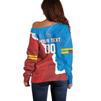Women’s off-shoulder sweater, blue/red with Venezuela map; back text Your Text and number 00.