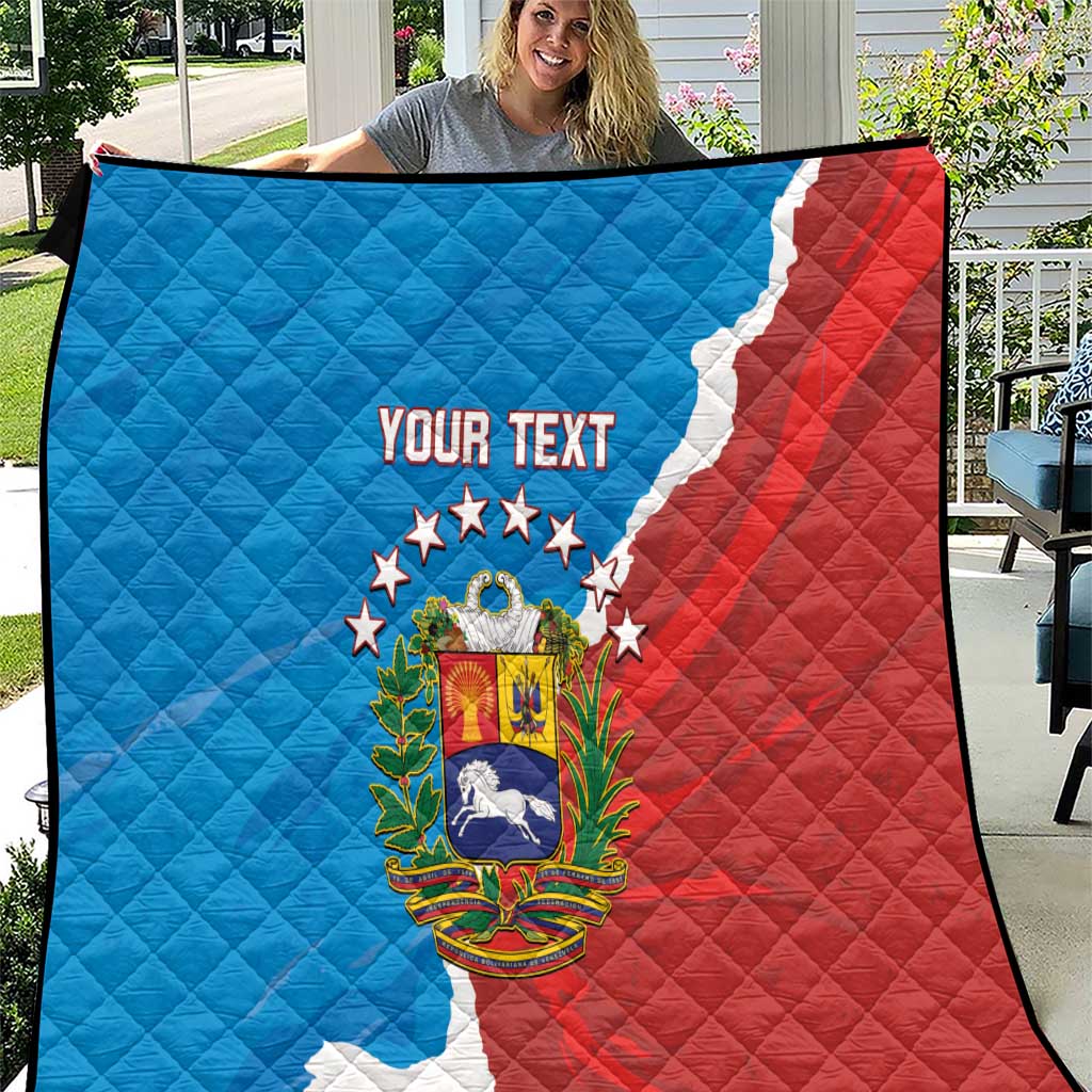 Custom quilt blanket with Venezuela map design in blue, red, white, and crest with stars