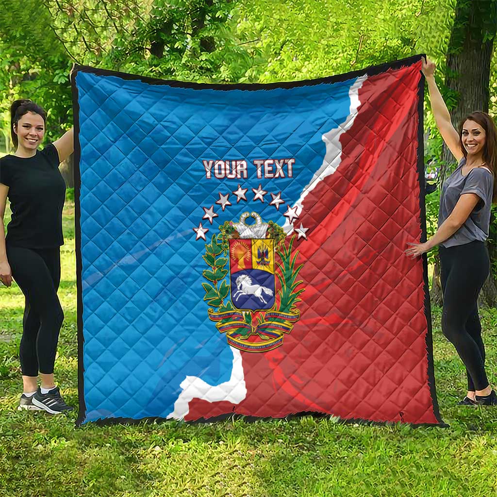 Custom quilt blanket showing Venezuela flag map in blue and red with crest and star circle