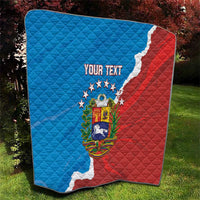 Custom quilt blanket with quilted blue and red Venezuela map, crest, and “YOUR TEXT”