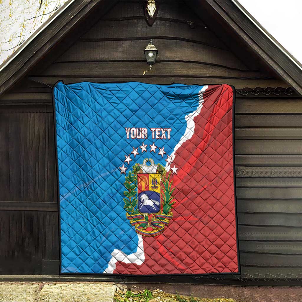 Custom quilt blanket featuring Venezuela map flag in blue and red with crest and stars