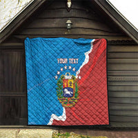 Custom quilt blanket featuring Venezuela map flag in blue and red with crest and stars