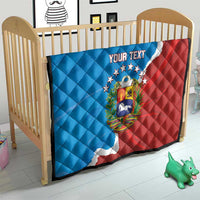 Custom quilt blanket for bed in blue and red with Venezuela crest, stars, and “YOUR TEXT”