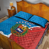 Venezuela flag quilt bed set, blue and red quilt with YOUR TEXT, crest and black border, two pillows