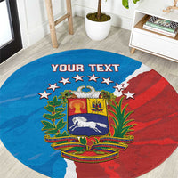Blue round carpet with Venezuela flag design, stars, crest, and custom text