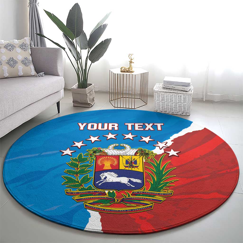 Blue round carpet with Venezuela flag graphic, stars, crest, and custom text