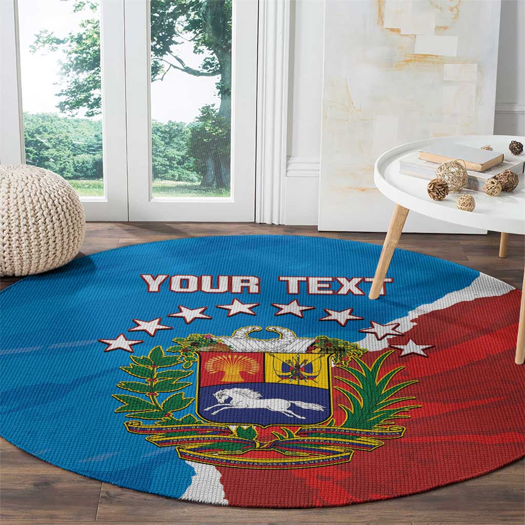 Blue round carpet showing Venezuela flag design with stars, crest, and custom text