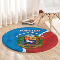 Blue round carpet with Venezuela flag design, stars, crest, and custom text