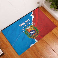 Custom rubber doormat at doorway corner, blue-and-red Venezuela flag with YOUR TEXT