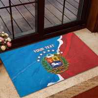 Custom rubber doormat outside near door, blue-and-red Venezuela flag with YOUR TEXT