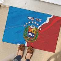 Custom rubber doormat on patio with Venezuela flag graphic, blue and red, YOUR TEXT