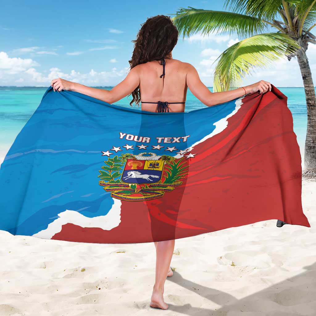 Blue and red flag sarong draped on back, YOUR TEXT and crest graphic