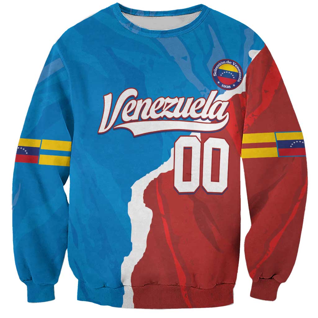 Unisex blue/red crewneck sweatshirt with Venezuela 00 graphic and striped sleeves
