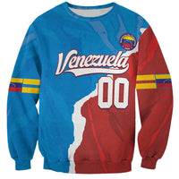 Unisex blue/red crewneck sweatshirt with Venezuela 00 graphic and striped sleeves