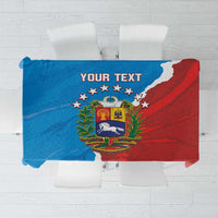 Venezuela flag style tablecloth in blue and red, with central crest and 'YOUR TEXT'