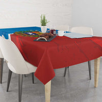 Blue and red Venezuela flag style tablecloth spread on a dining table