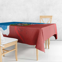 Venezuela flag style tablecloth in blue and red with corner drape