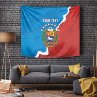 Venezuela flag-style tapestry in blue and red with crest, stars, and "YOUR TEXT", wall-hung