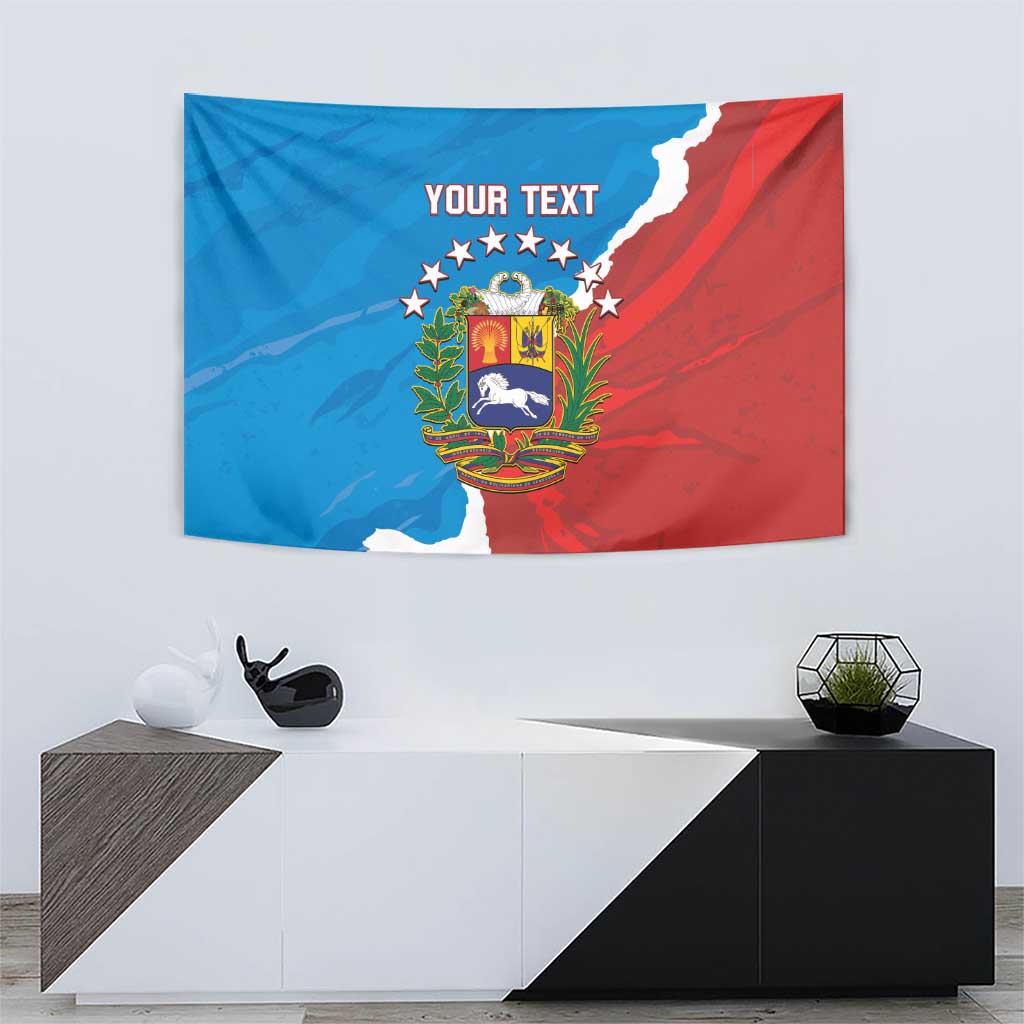 Venezuela flag-style tapestry in blue and red with crest and stars, "YOUR TEXT"