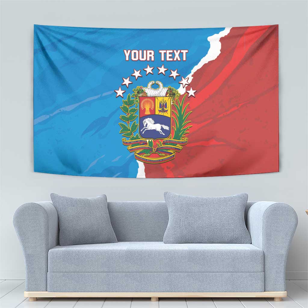 Venezuela flag-style tapestry in blue and red with crest, stars, and "YOUR TEXT"
