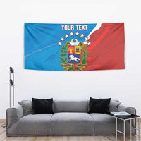 Venezuela flag-style tapestry in blue and red with crest, stars, and "YOUR TEXT"