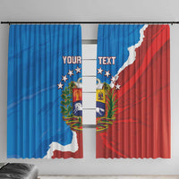 Pair of window curtains in blue and red with Venezuela map and crest graphic