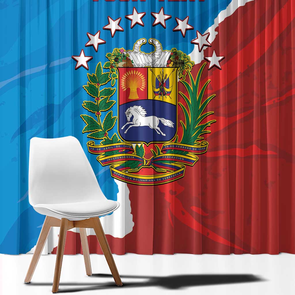 Close-up style view of blue and red curtains with Venezuela crest center graphic