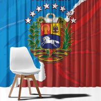 Close-up style view of blue and red curtains with Venezuela crest center graphic