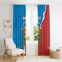Blue and red Venezuela-themed curtains hanging in front of a bright window