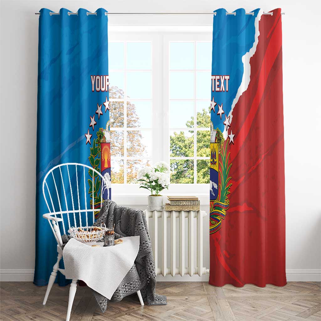 Blue and red Venezuela curtains on hanging rails with crest and text blocks