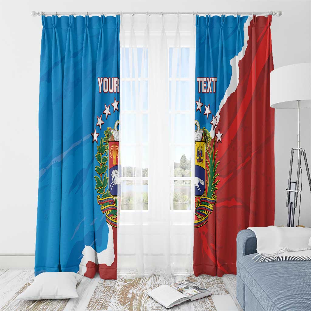 Window curtain set in blue and red with Venezuela crest, map graphic, and text