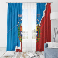 Window curtain set in blue and red with Venezuela crest, map graphic, and text