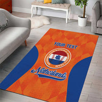 Orange and blue custom Netherlands area rug with YOUR TEXT and circular crest