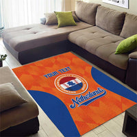 Orange and blue Netherlands area rug with YOUR TEXT and Netherlands logo in center