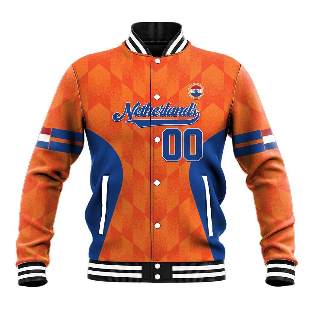 Orange and blue baseball varsity jacket with button front, striped ribbed collar, Netherlands 00