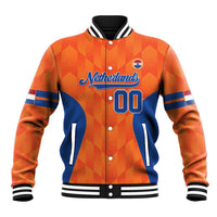 Orange and blue baseball varsity jacket with button front, striped ribbed collar, Netherlands 00