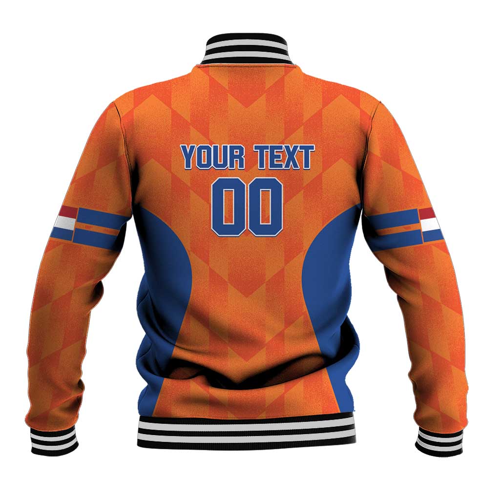 Orange and blue baseball jacket back with 'YOUR TEXT' and 00 graphic