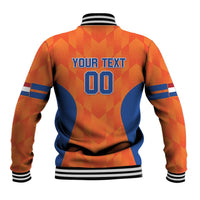 Orange and blue baseball jacket back with 'YOUR TEXT' and 00 graphic