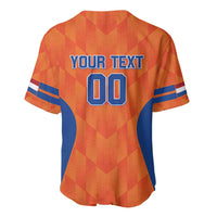 Orange baseball jersey with geometric pattern, blue sleeve stripes, back 00 and 'YOUR TEXT'