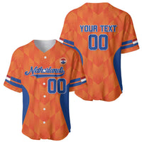 Orange baseball jersey shown front and back: Netherlands logo and 'YOUR TEXT' 00, blue stripes
