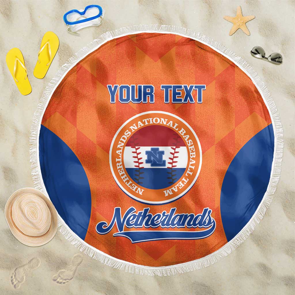Orange round beach blanket with white fringe, blue seal and “YOUR TEXT”