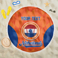 Orange round beach blanket with white fringe, blue seal and “YOUR TEXT”