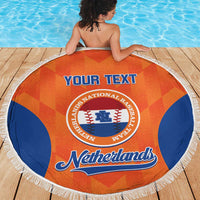Orange round beach blanket with white fringe, “YOUR TEXT” and Netherlands graphic